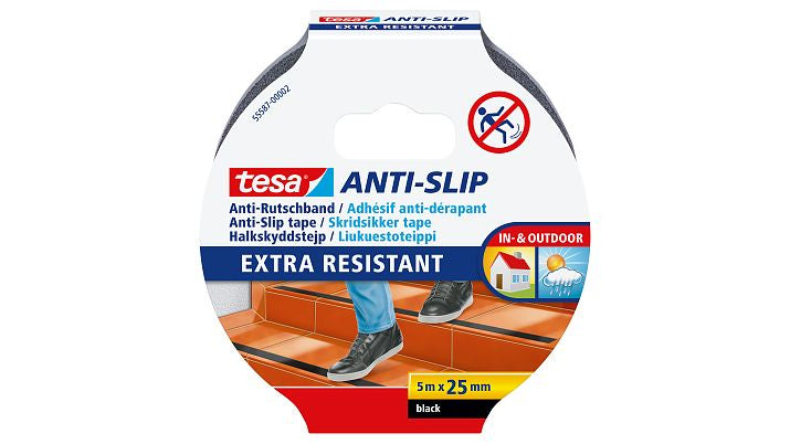 TESA Bodenmarkierungsband – 25 mm × 5 m, schwarz, Kunststoff, Anti-Rutschbeschichtung, permanent