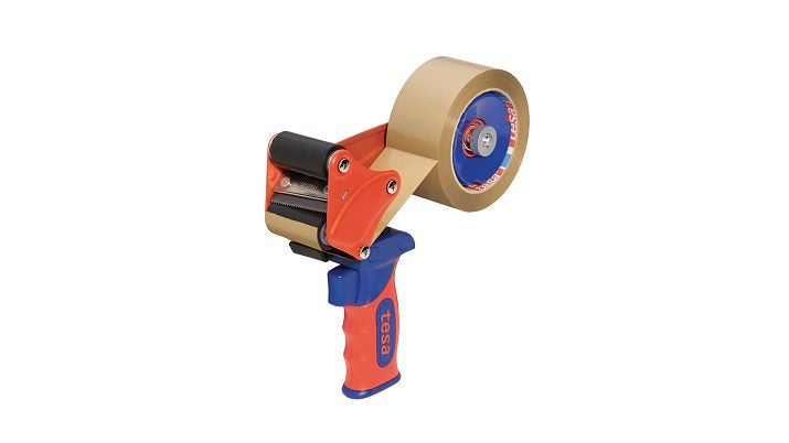 TESA Verpackungsbandabroller 56402 – für Verpackungsband bis 50 mm × 66 m, Metall, blau/rot, mit Bremse