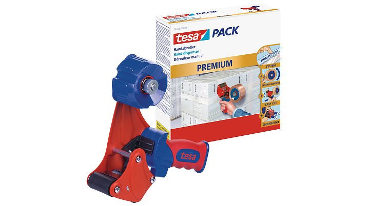TESA Verpackungsbandabroller 56402 – für Verpackungsband bis 50 mm × 66 m, Metall, blau/rot, mit Bremse