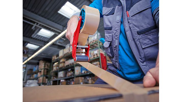 TESA Verpackungsbandabroller 56402 – für Verpackungsband bis 50 mm × 66 m, Metall, blau/rot, mit Bremse