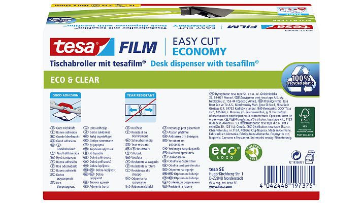tesa Tischabroller eco&clear – für Rollenbreite bis 19 mm, für Bandlänge bis 33 m, für Kern 1", Metallmesser