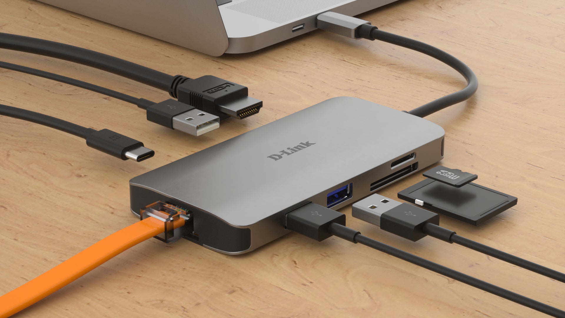 D-Link DUB-M810 Multiport-Adapter – USB-C, 1× HDMI, 3× USB-A, 100 W PD, GbE, SD/microSD, für Windows/Mac/Linux