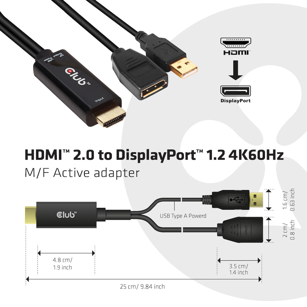 CLUB3D Adapter HDMI zu DisplayPort – 4K (4096 × 2160) @ 60 Hz, 0,25 m, HDMI 2.0 zu DisplayPort 1.2