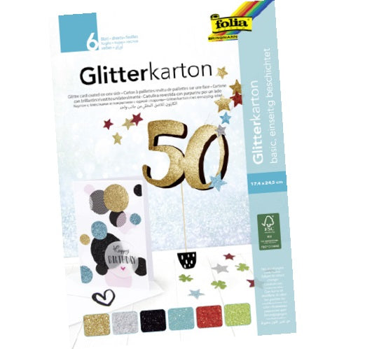 Folia Glitzerkarton – 174 × 245 mm – 300 g/m² – sortiert – 6 Blätter