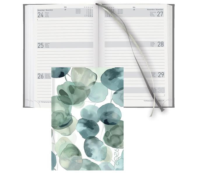 Biella Dispo Term Trend Agenda – 1 Woche/2 Seiten, gebunden, 14,5 × 20,5 cm, Jan–Dez 2026, Eukalyptus, FSC