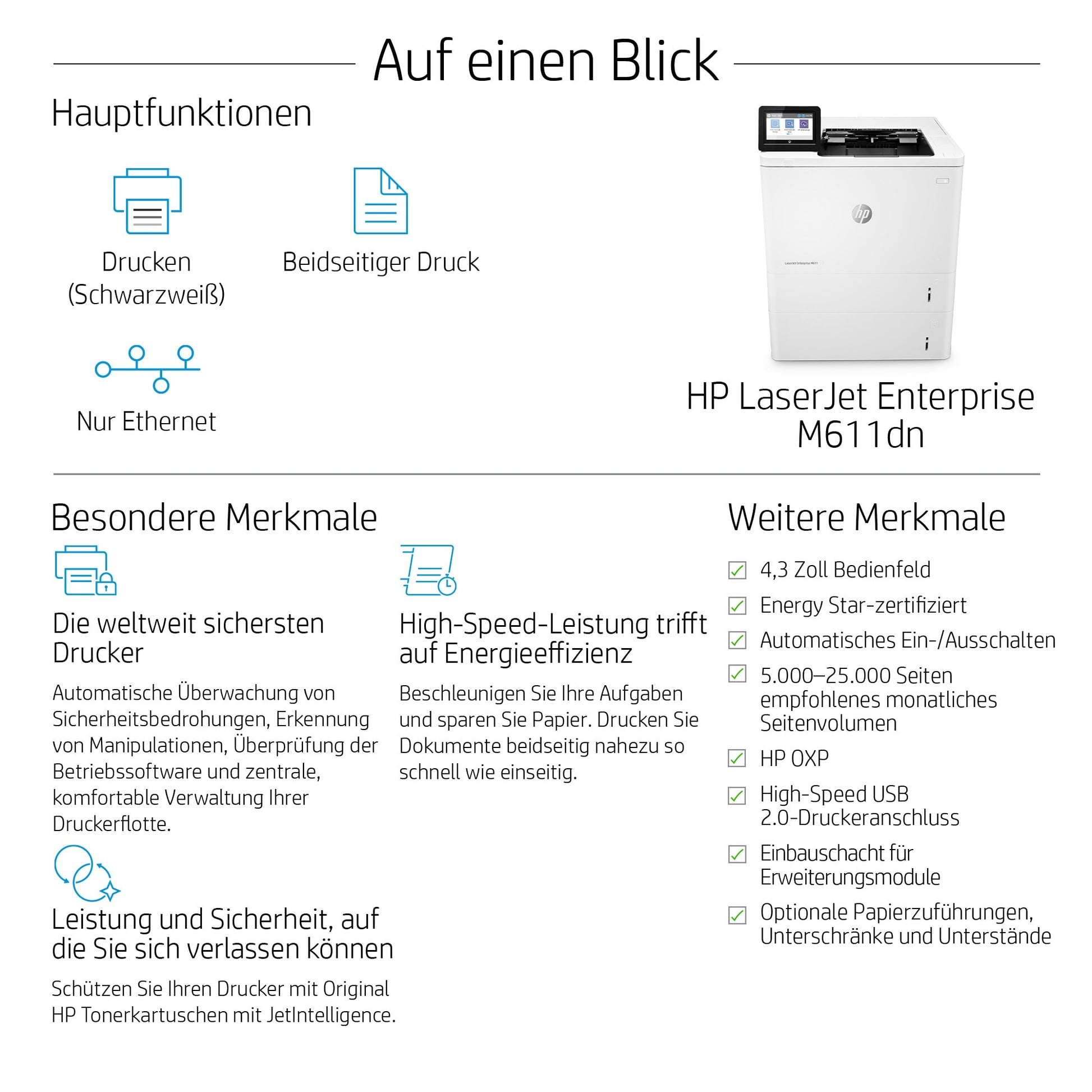 HP LaserJet Enterprise M611 dn – A4, S/W, Duplex, 1200 × 1200 dpi