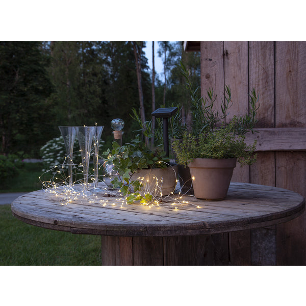 Star Trading Lichterkette Dew Drop – 19,9 m, Warmweiss, IP44, Solarbetrieb, Dämmerungssensor, Silber, Stahl