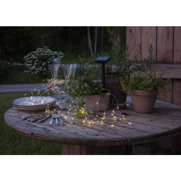 Star Trading Lichterkette Dew Drop – 19,9 m, Warmweiss, IP44, Solarbetrieb, Dämmerungssensor, Silber, Stahl