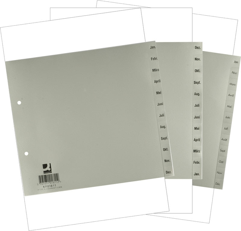 Q-CONNECT Teilregister – für A4, halbe Höhe, Kunststoff, Jan.–Dez., 12-teilig, grau, 2-fach
