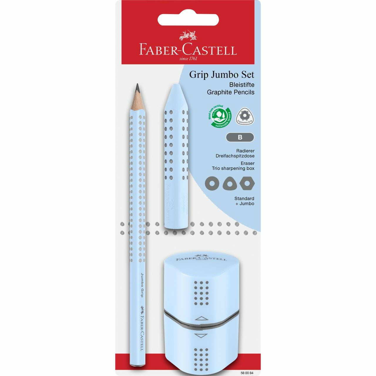 Faber-Castell Jumbo Grip Schreibset B, dreikantig, blau – mit Spitzer