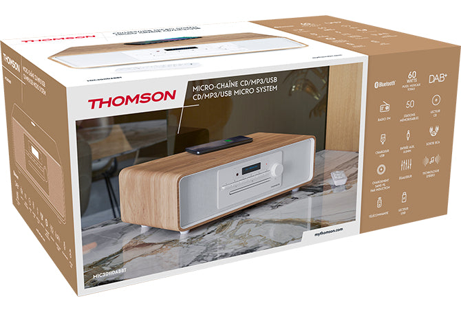 Thomson MIC301IDABBT – Stereo-Vollverstärker, 2×50 W (8 Ω), USB, 3,5 mm Kopfhöreranschluss, Cinch, Weiss/Holz