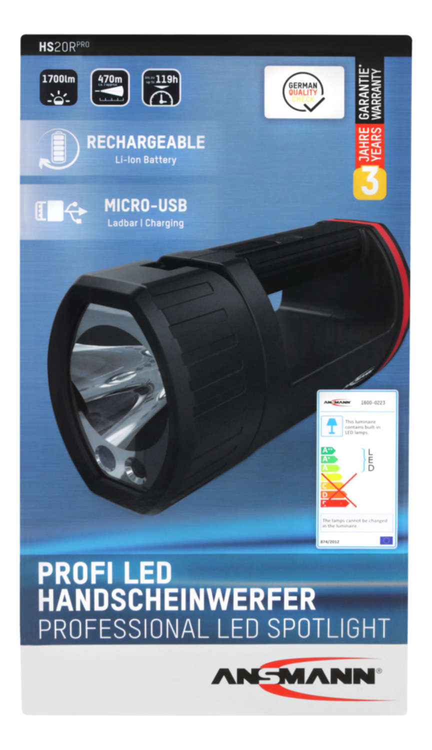 Ansmann Taschenlampe – 1700 lm, 470 m, IP20, Akku 10400 mAh, USB, Modi – Schwarz