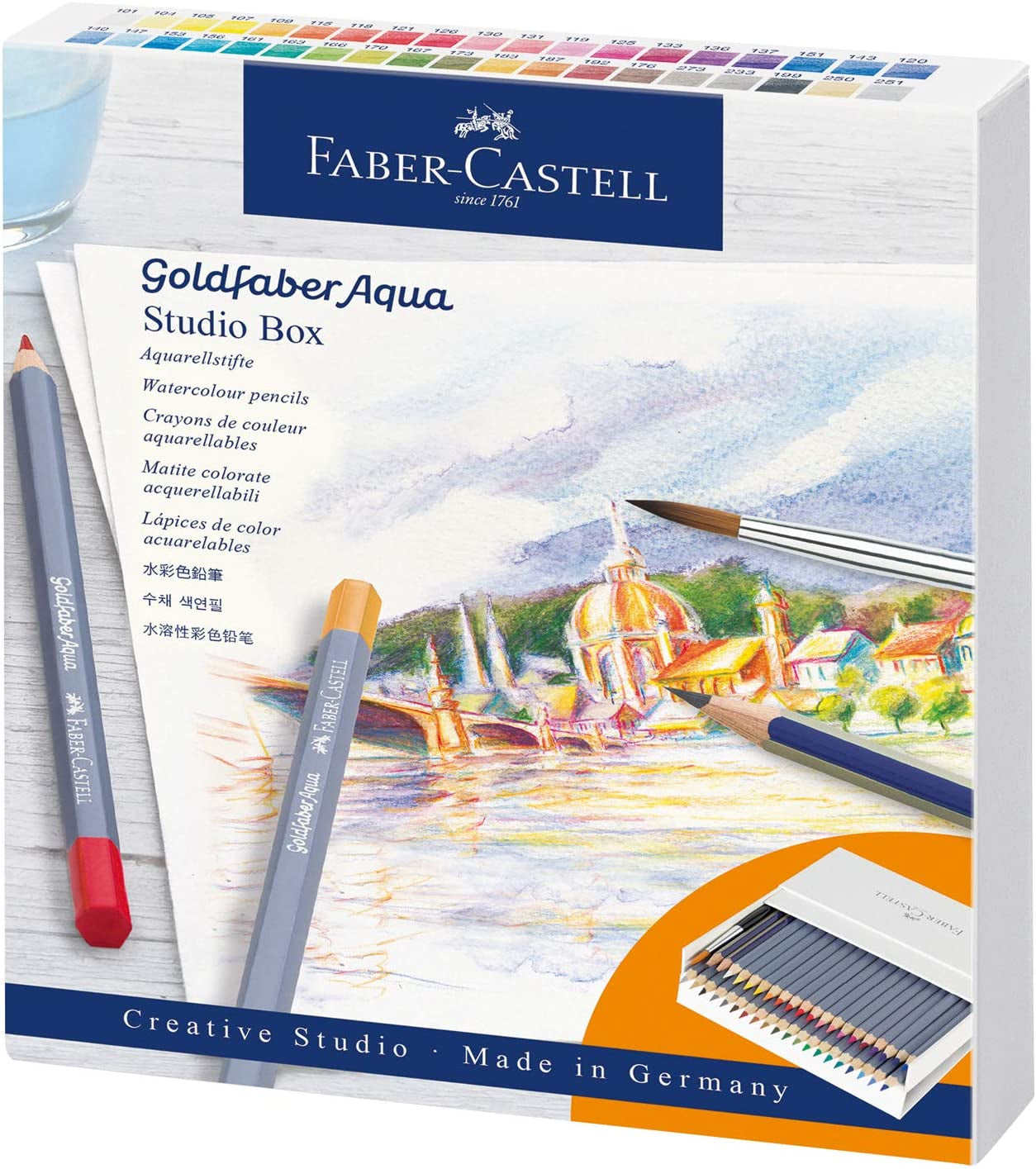 Faber-Castell Aquarellfarbstifte Goldfaber Aqua – Sechskant, Minen-Ø 3,3 mm, 38 Farben, mit Pinsel