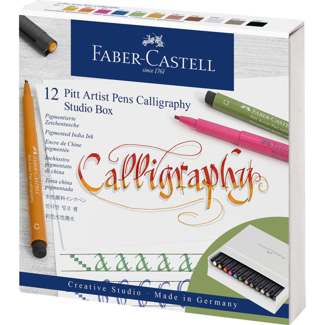 Faber-Castell PITT artist pen Kalligrafiestift – Kalligrafiespitze, 2,5 mm, pigmentiert, wasserfest, 12 Farben