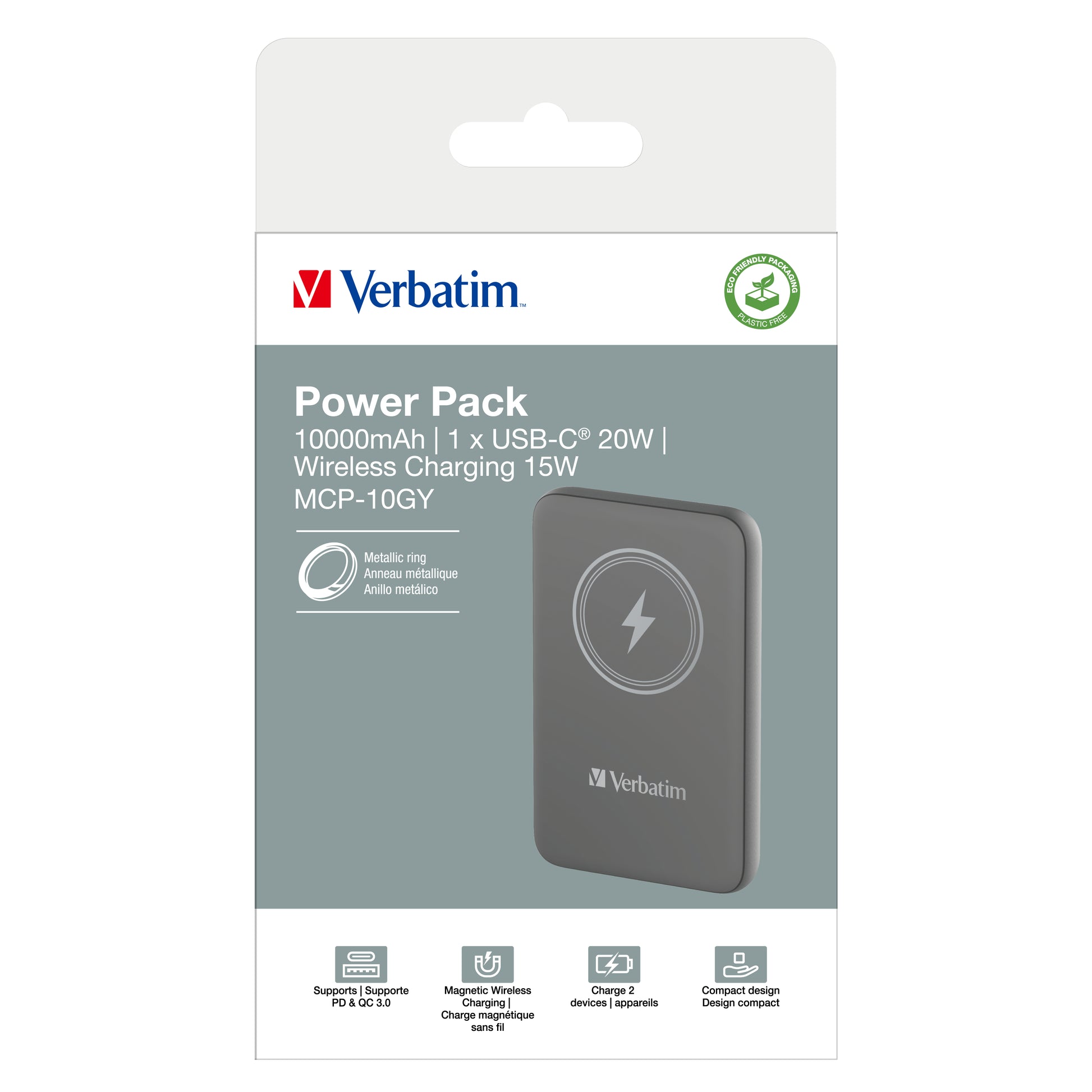 Verbatim MagSafe Powerbank 10'000 mAh – 20 W PD, Wireless 15 W, 1× USB-C, Grau