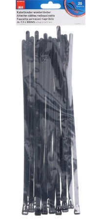 Max Hauri AG Max Hauri Kabelbinder, 300×7,5 mm, 20er-Pack, wiederverwendbar – schwarz
