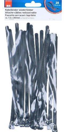 Max Hauri AG Max Hauri Kabelbinder, 7,5×200 mm, 20er-Pack, wiederverwendbar – schwarz