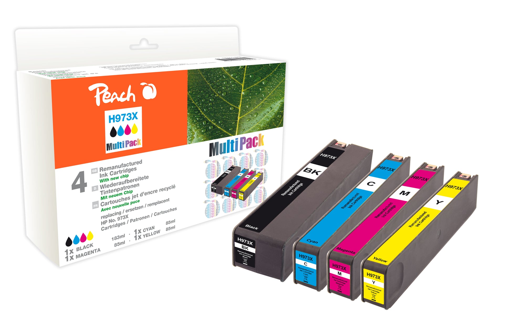 Peach Tintenpatronen-Multipack 973X, CMYK, XL, 4er-Pack, kompatibel – für HP PageWide Pro 452, 477, 570 und andere