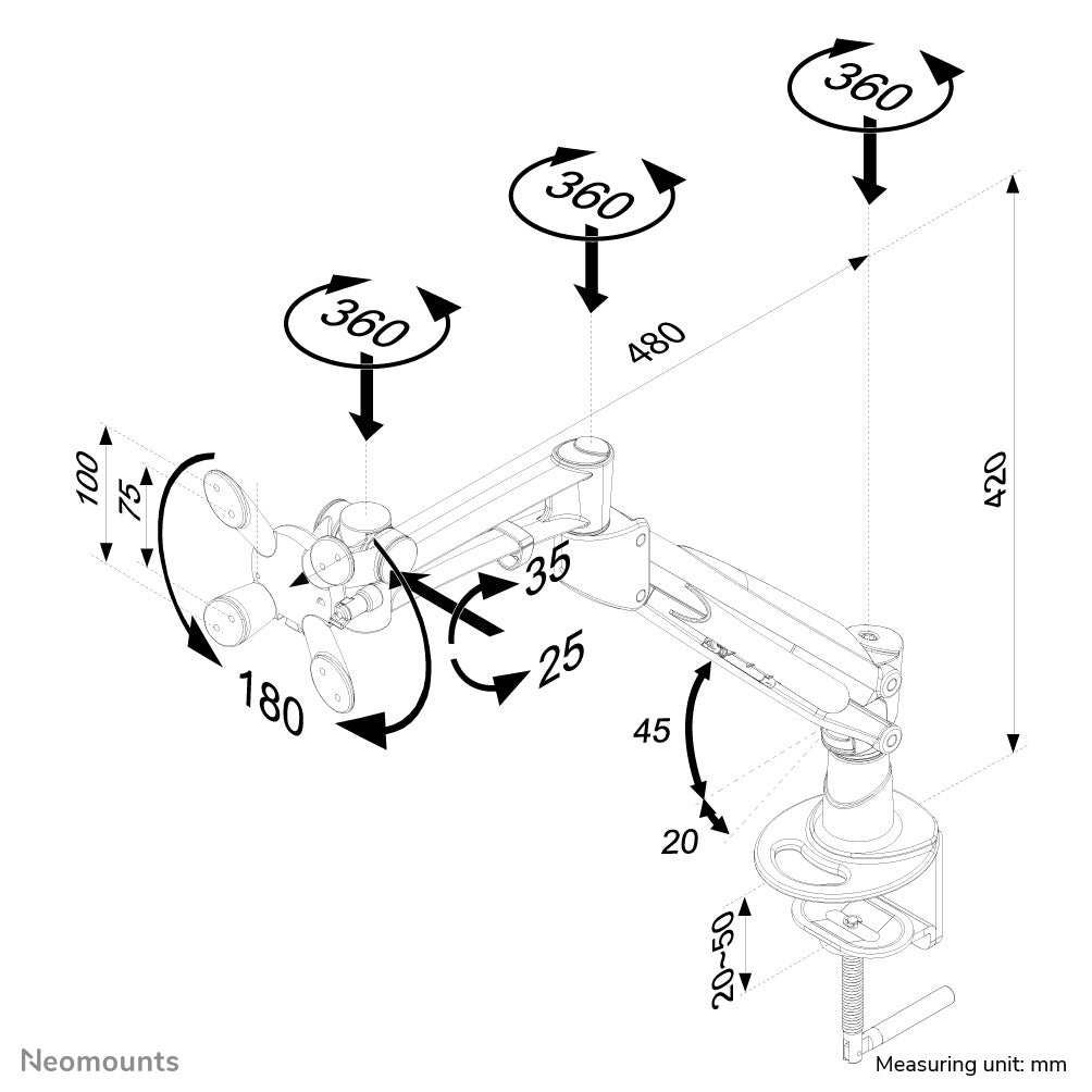 Neomounts FPMA-D940HC – Tischhalterung, Tischklemme, bis 37", 15 kg, höhenverstellbar, silber