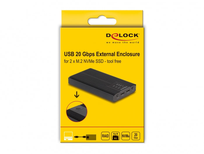 DeLOCK 2×M.2 NVMe – 2-Bay SSD-Gehäuse – USB-C 20 Gbit/s, RAID – für M.2 (30–80 mm), NVMe, PCIe