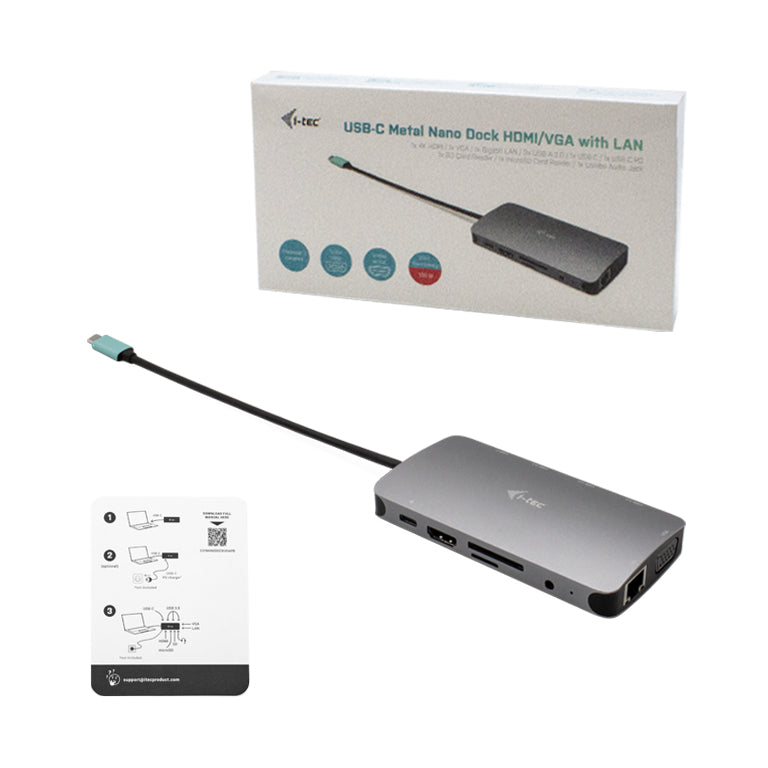 i-tec Multiport-Adapter – USB-C, 1× HDMI, 1× VGA, 3× USB-A, 2× USB-C, 100 W PD, GbE, für Windows/Mac/Linux