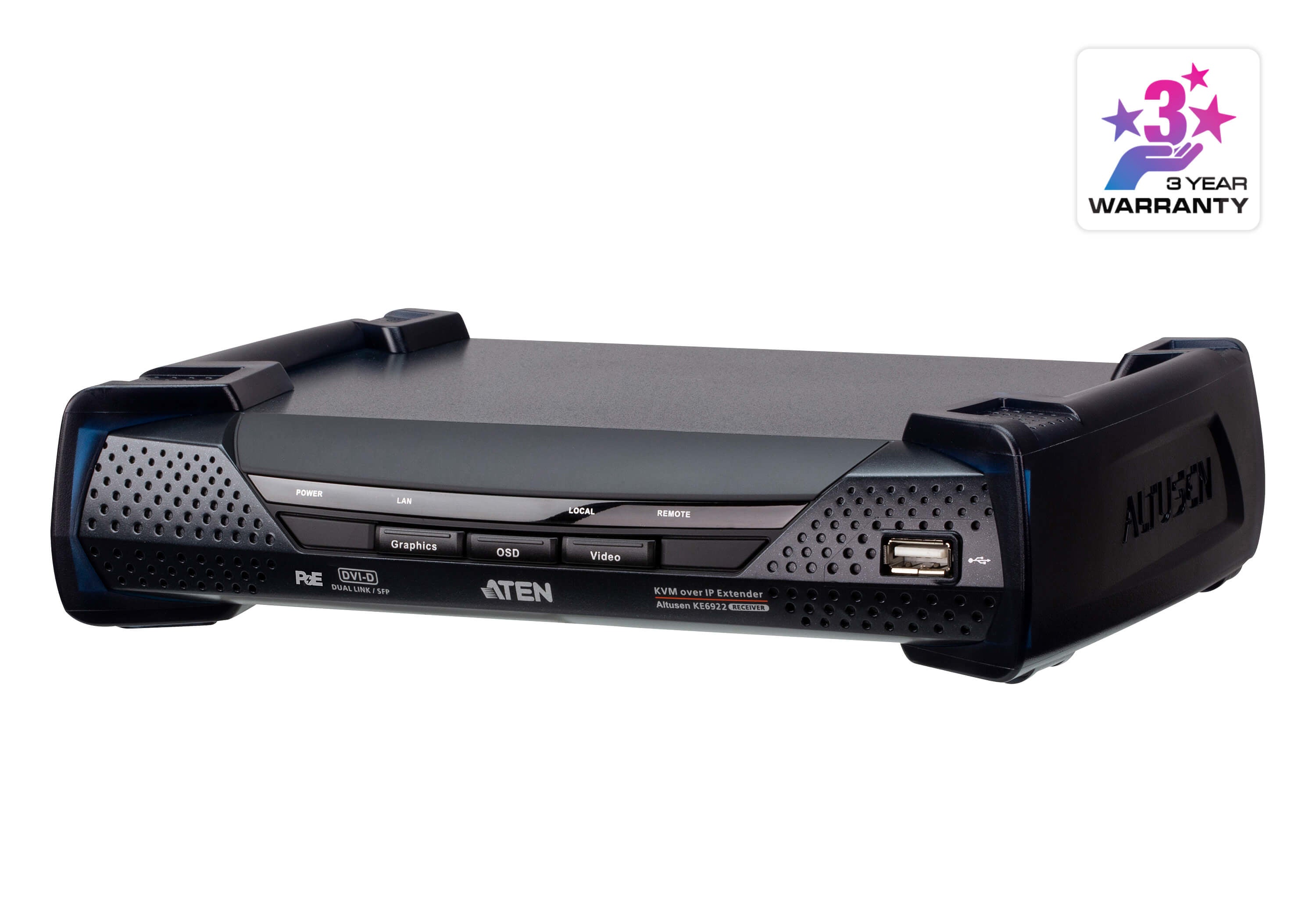 ATEN KE6922R – KVM-Empfänger – DVI-D Dual-Link, 2×SFP, PoE, 4×USB 2.0, 2560×2048, für KE6922T