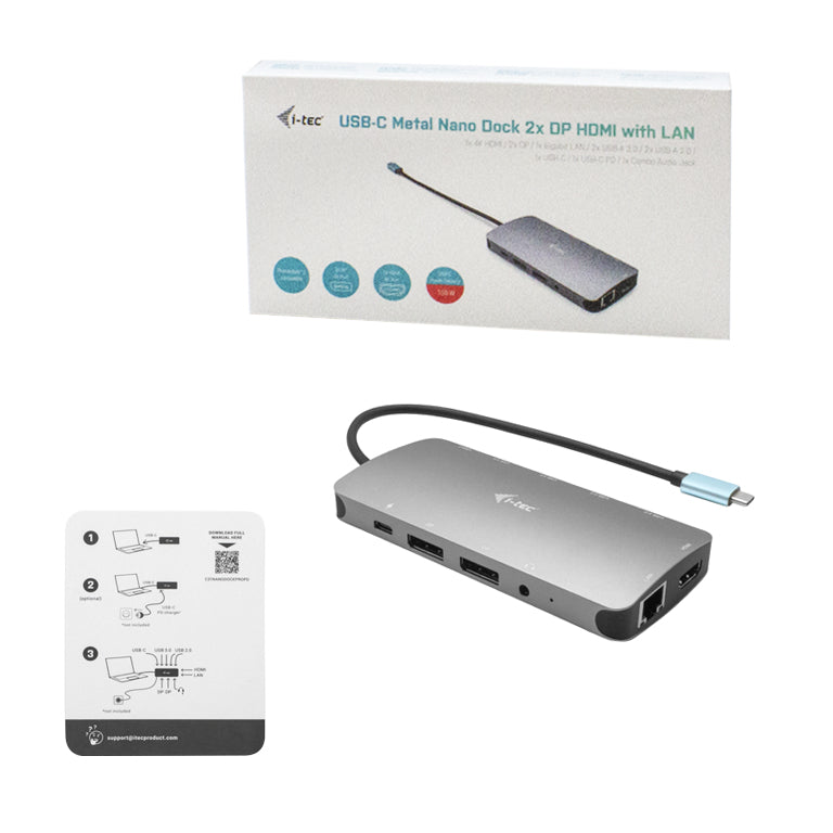 i-tec Metal Nano Dockingstation – USB-C, 2× DP, 1× HDMI, 100 W PD, GbE, für Windows/Mac/Linux