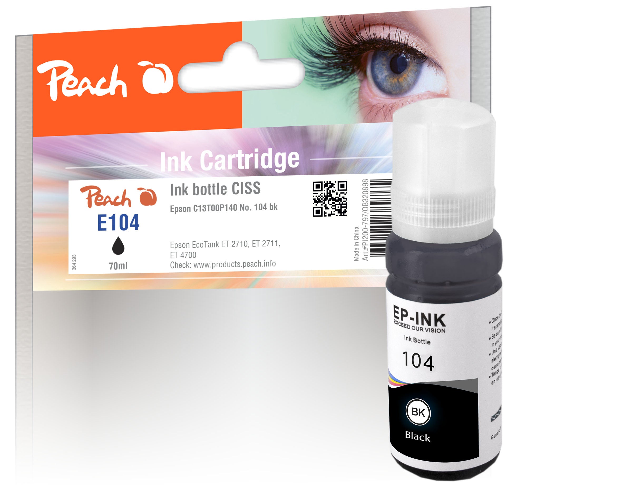 Peach 104 Schwarz Tintenpatrone (Kompatibel) – 70 ml – für Epson ET-2700/2750/2751, ET-3700/3750…
