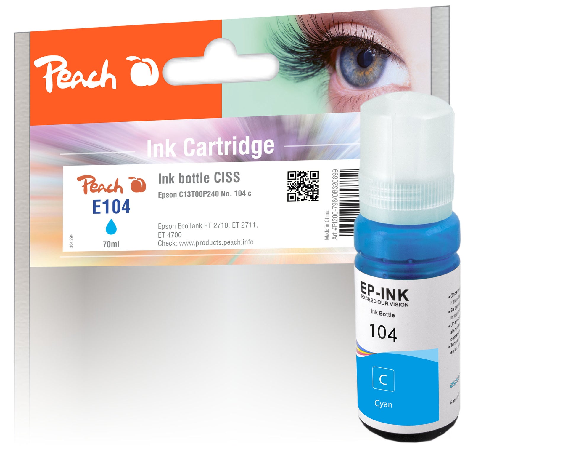 Peach 104 Cyan Tintenpatrone (Kompatibel) – 70 ml – für Epson EcoTank ET-2700/ET-2750/ET-3700 … – C13T00P240