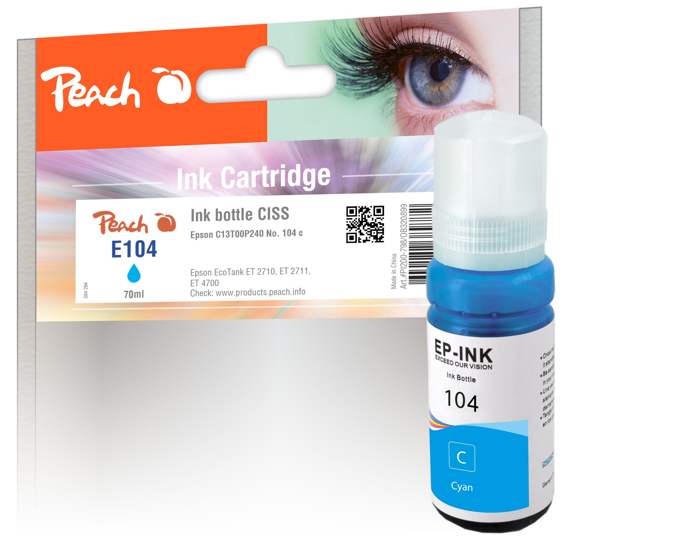 Peach 104 Cyan Tintenpatrone (Kompatibel) – 70 ml – für Epson EcoTank ET-2700/ET-2750/ET-3700 … – C13T00P240
