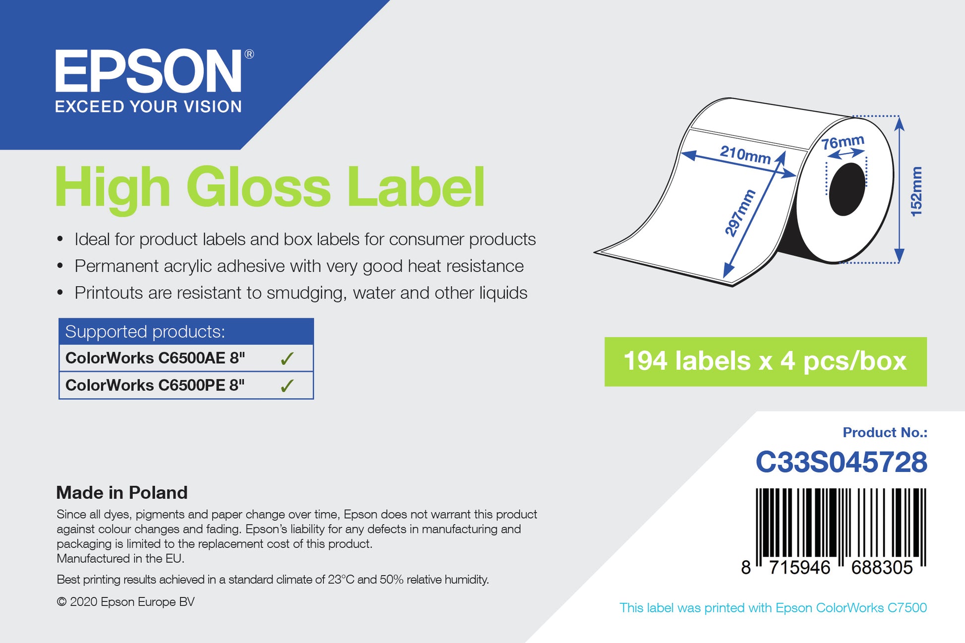Epson Etiketten (Rolle) 76 × 127 mm – weiss – permanent haftend – Inkjet – für ColorWorks CW-C6500