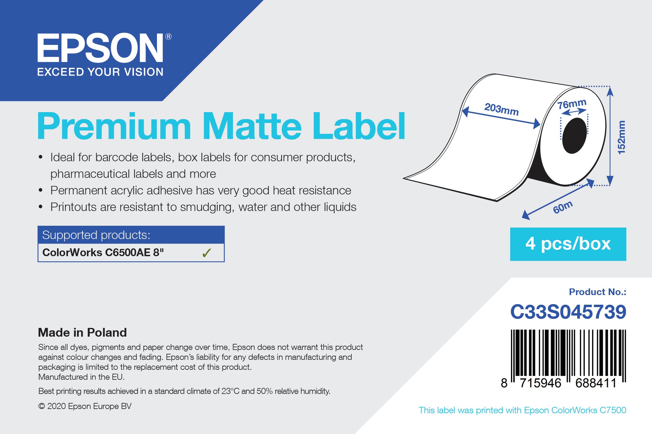 Epson Endlos-Kartonschilder (nicht klebend), 203 mm × 60 m