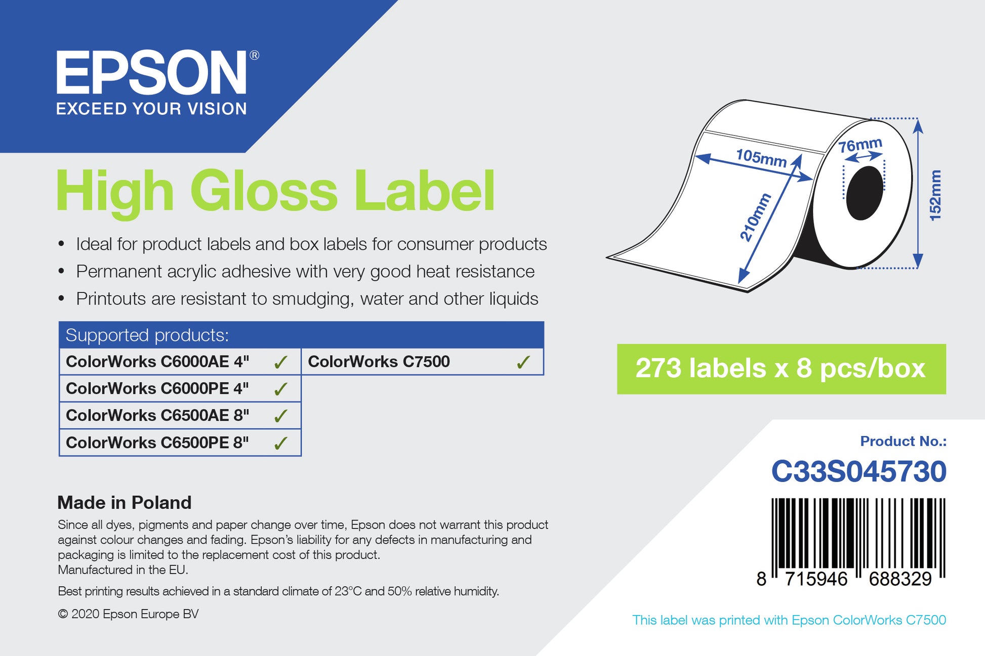 Epson Etiketten (Rolle) 105 × 210 mm – weiss – permanent haftend – Inkjet – für CW‑C6500Pe/CW‑C6500Ae