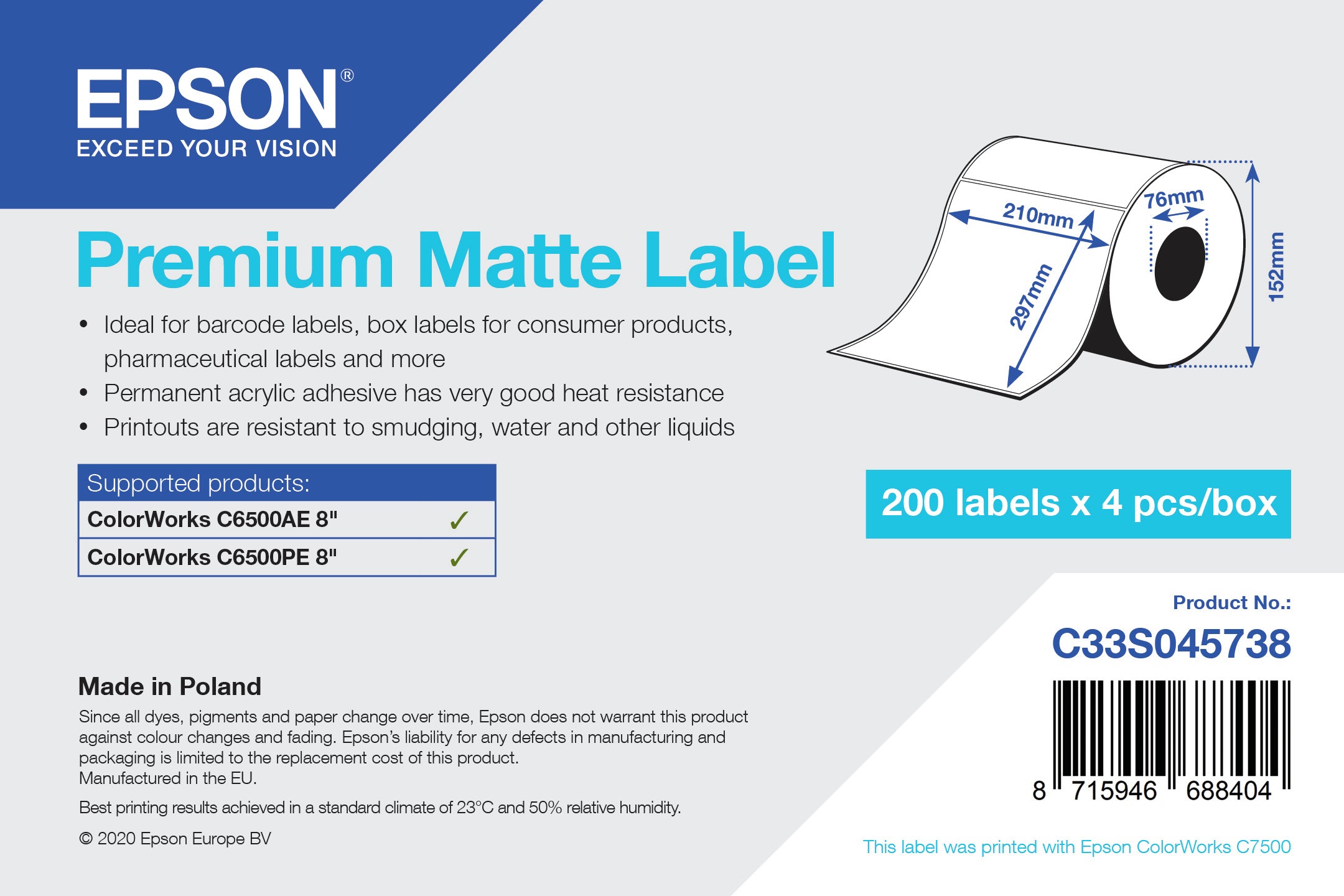 Epson Etiketten, 210 mm × 297 mm, mattes Papier, 200 Etiketten