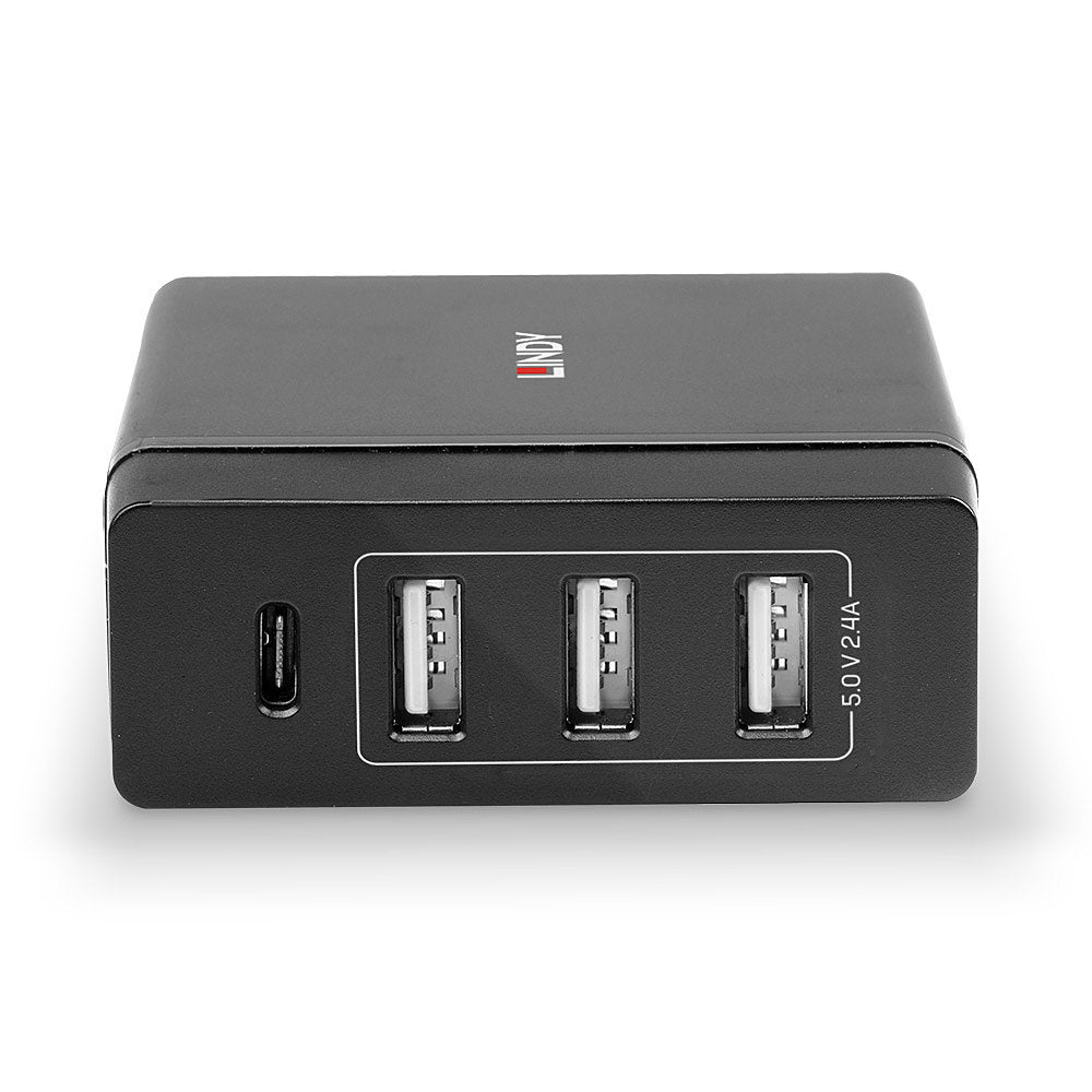 Lindy 73329 USB-Ladegerät 72 W – USB-C×1, USB-A×3 – PD 3.0 – Schwarz