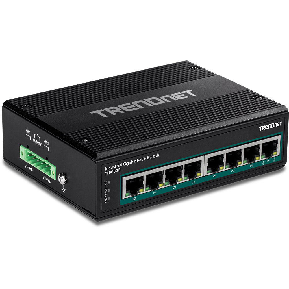 Trendnet TI-PG80B – Industrieschalter – 8× 1G, PoE+, PoE-Budget 200 W, Hutschiene