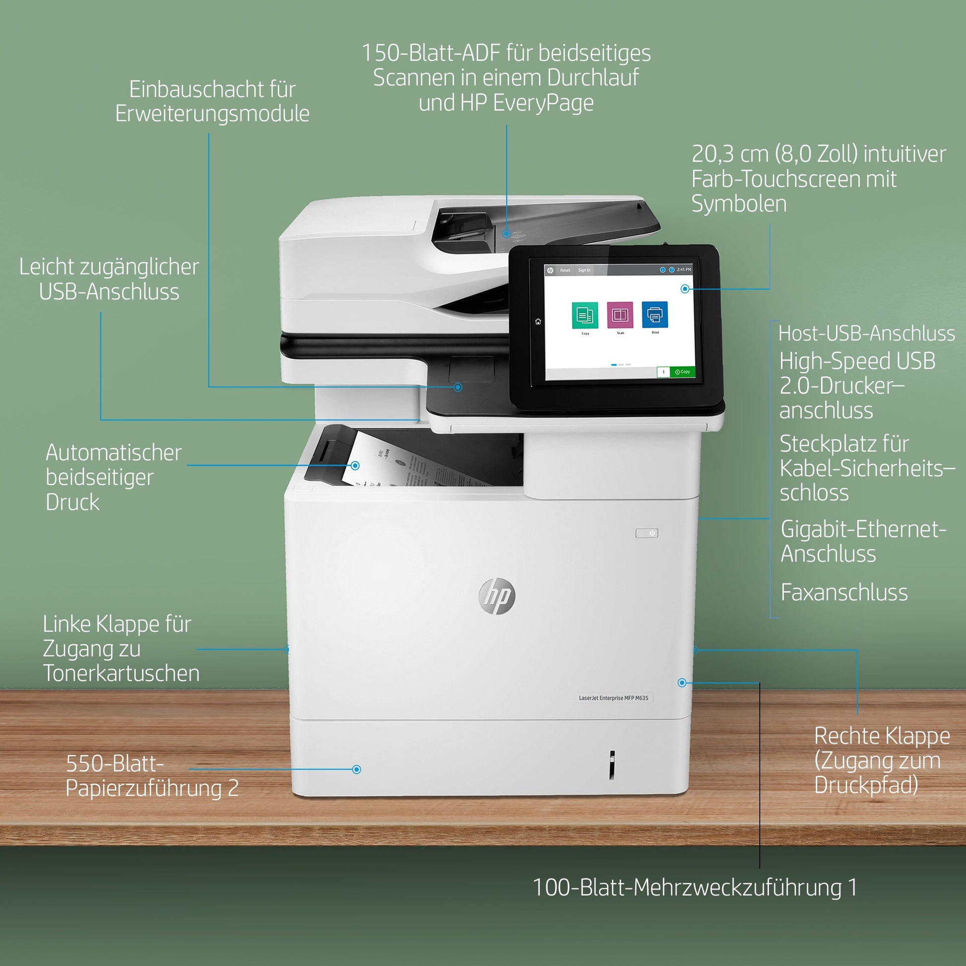 HP LaserJet Enterprise M635h – S/W Laser-MFP A4, 3-in-1 – USB/LAN/WLAN – Duplex, Duplex-ADF – 61 ppm S/W