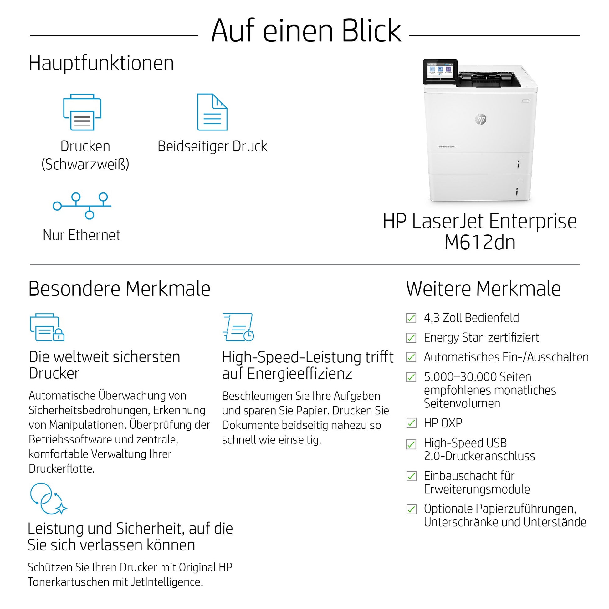 HP LaserJet Enterprise M612 dn – A4, S/W, Duplex, 1200 × 1200 dpi