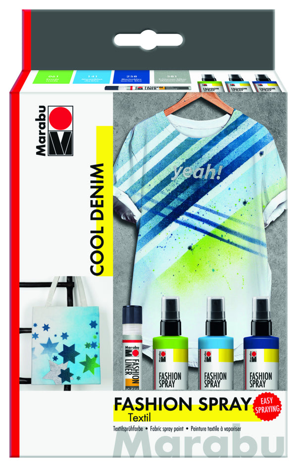 Marabu Farbspray – Himmelblau, Marineblau, Reseda, Schimmer-Silber – 4 Farben (4×100 ml, 1×25 ml) – für Stoff