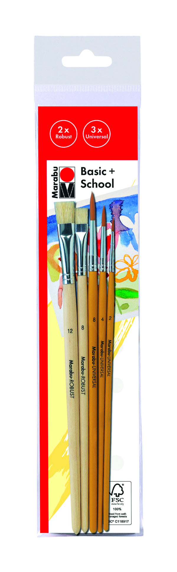 Marabu Basic + School – Pinsel-Set – Sortiert, Borsten, Holzgriff, Beige, Orange, Grösse 2/4/8/12, 5er-Set
