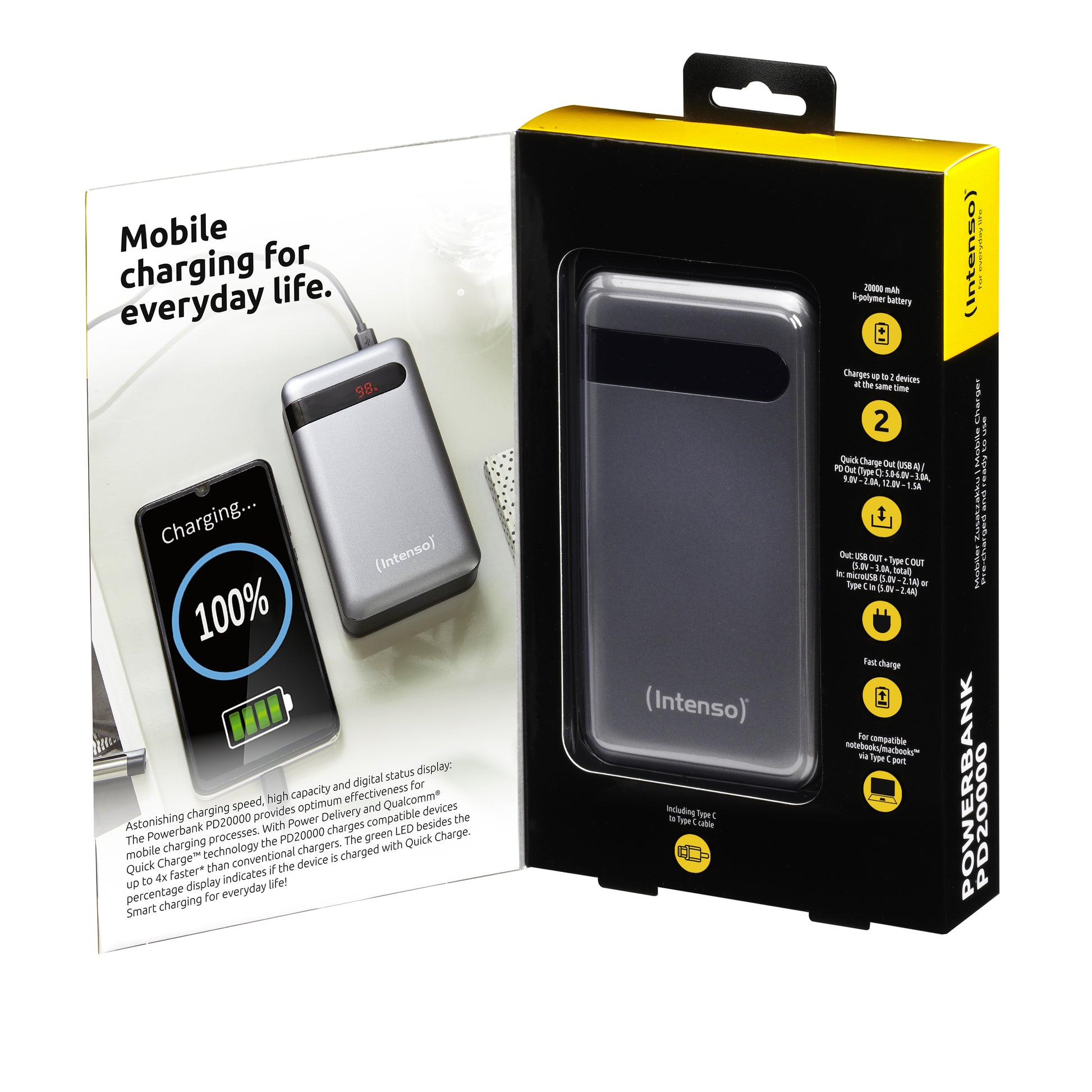 Intenso Powerbank 20000 mAh, PD, 1× USB-C, 1× USB-A, mit LCD-Display, für Smartphones, Tablets, Anthrazit