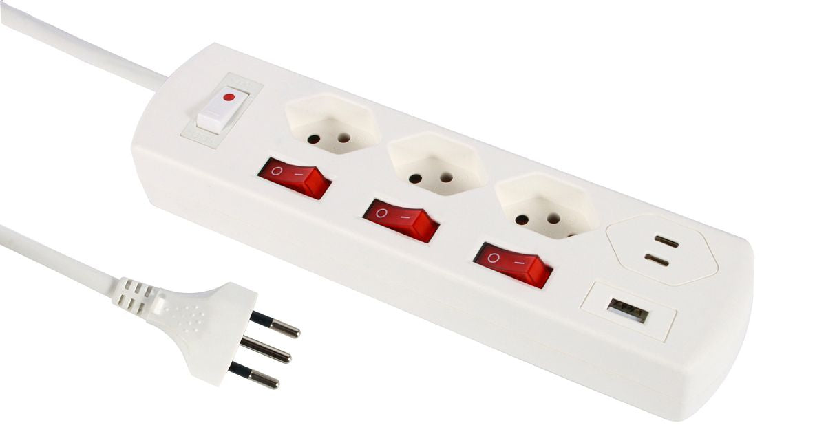 M. Schönenberger Schönenberger Principio+ Steckdosenleiste – 3×T13, 1×USB‑A 20 W + 2×USB‑C PD 15 W, mit Schalter, 2 m – Weiss