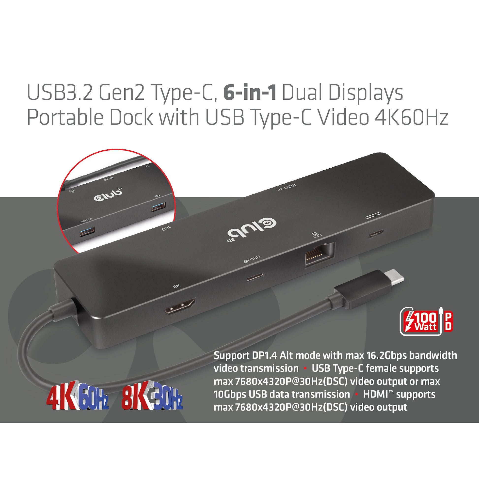 CLUB3D Club 3D Dockingstation – USB-C, 1× DP, 1× HDMI, 2× USB-A, 100 W PD, GbE, für Universal