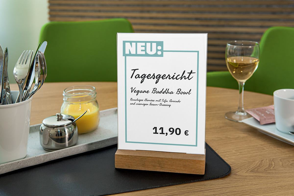 Sigel Tischaufsteller – für A5 hoch, transparent, Acryl/Eiche