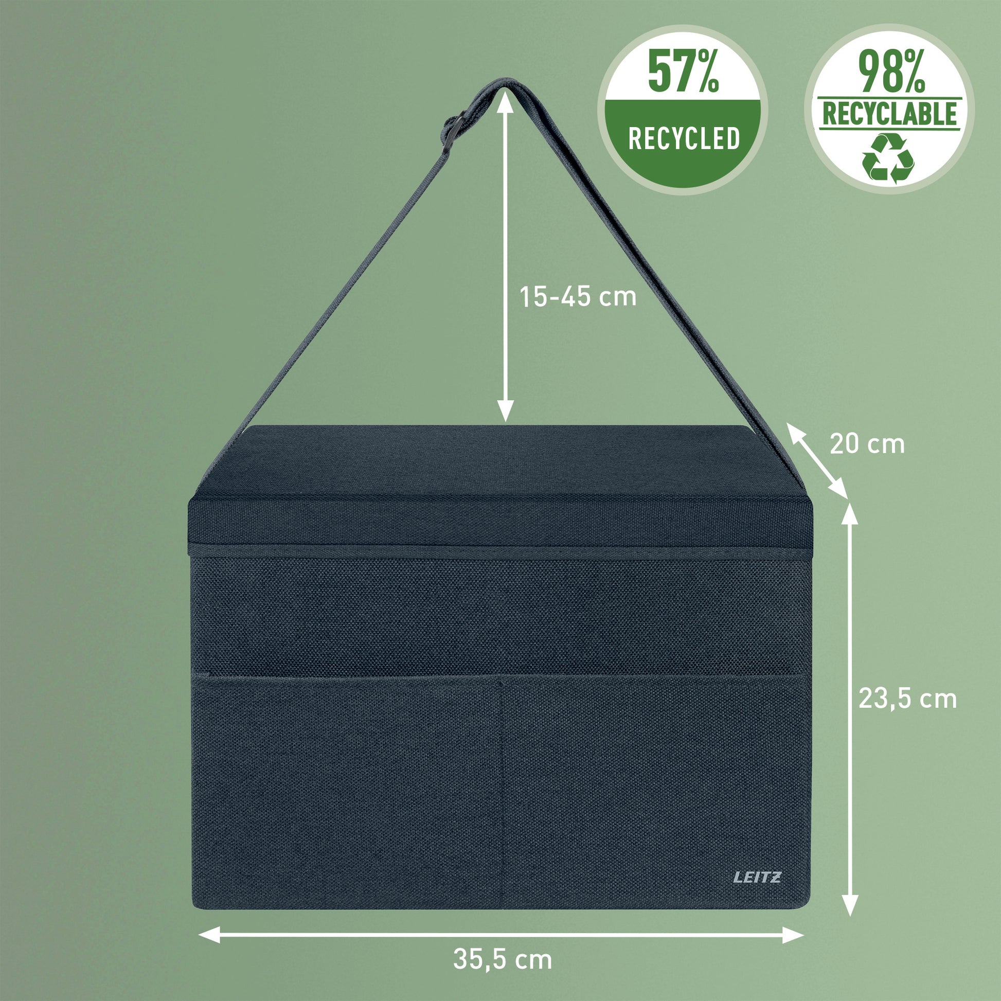 Leitz Aufbewahrungsbox 4 l – B 355 × H 235 × T 200 mm, 3 Fächer, faltbar, mit Tragegriff, Anthrazit, Karton