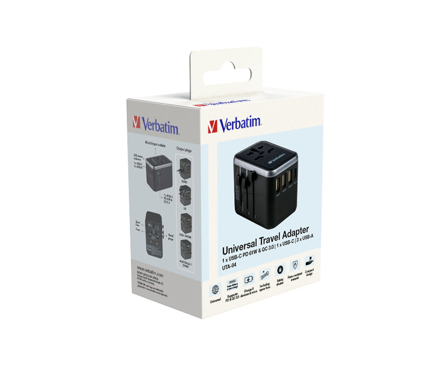 Verbatim UTA-04 Reiseadapter USB-Ladegerät 61 W – USB-C×2, USB-A×3 – PD, QC