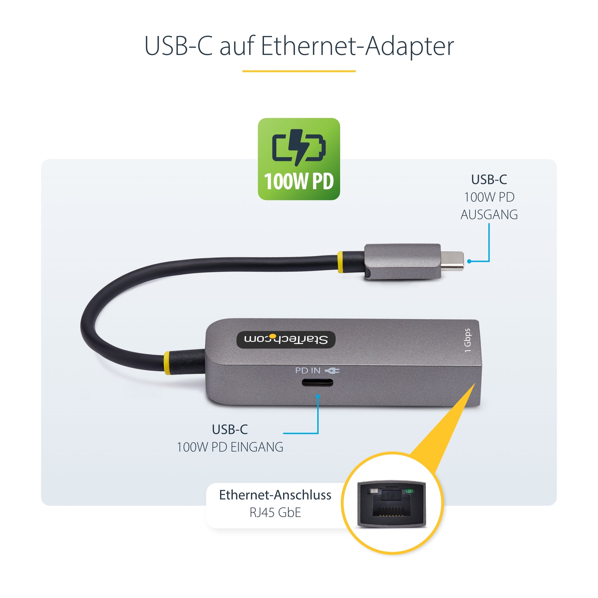 StarTech.com Netzwerkadapter USB-C zu RJ-45 – 1 Gbit/s, USB 3.2 Gen 1 (5 Gbit/s), 0,15 m – Grau