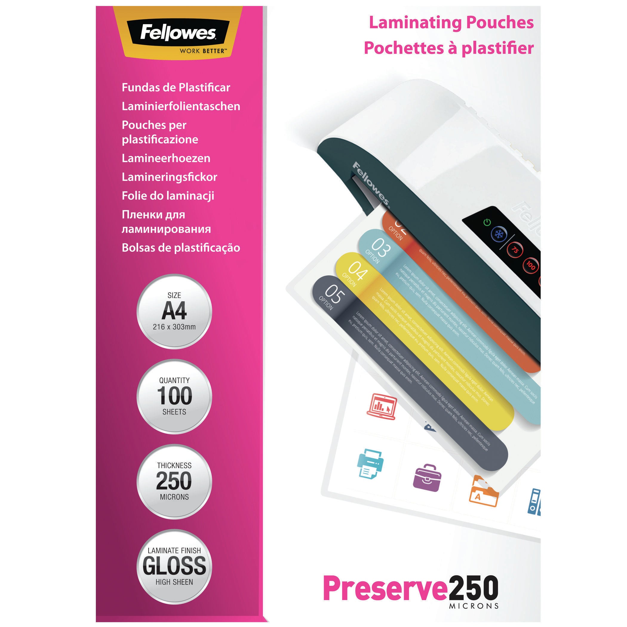 Fellowes Laminierfolien A4, glänzend – 250 µm, 100 Stk.