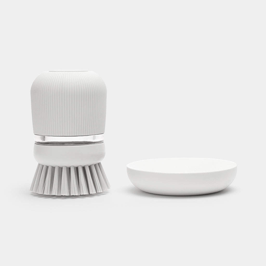 Brabantia Spülbürste mit Seifenspender, 8,6 × 8,6 × 10,5 cm, Kunststoff, Hellgrau