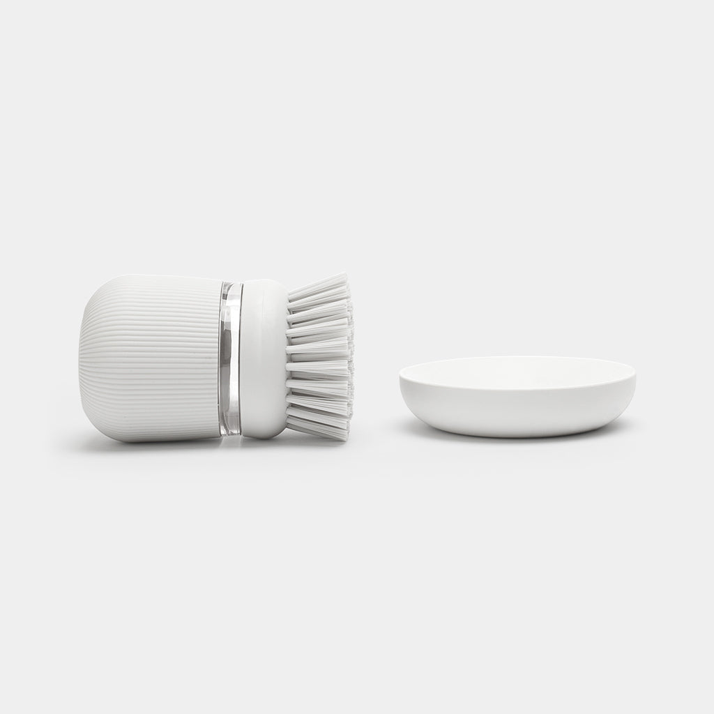 Brabantia Spülbürste mit Seifenspender, 8,6 × 8,6 × 10,5 cm, Kunststoff, Hellgrau